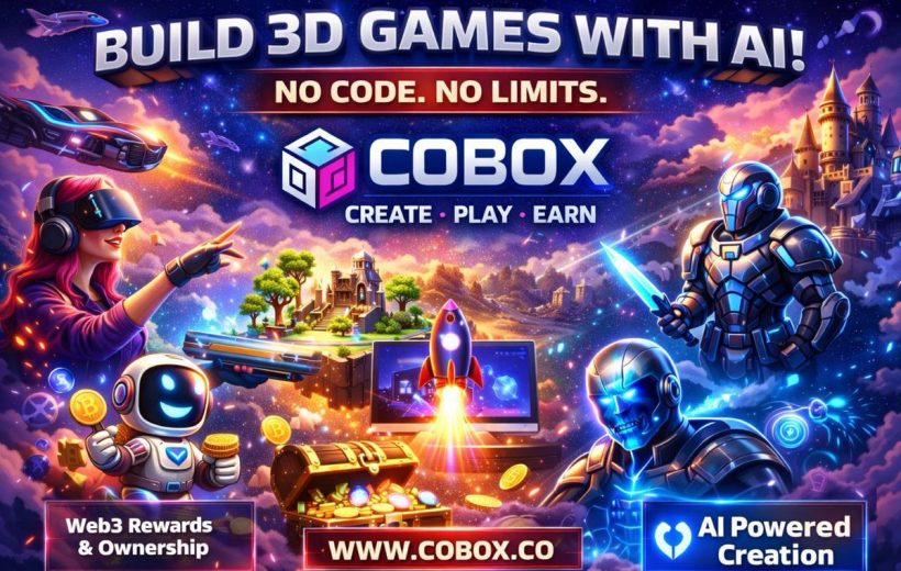 Colorful game-themed banner showing futuristic characters, VR player, rocket, treasure, and castle.