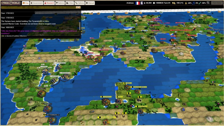 Hexagonal-tile world map with cities, units, and seas from a strategy game interface
