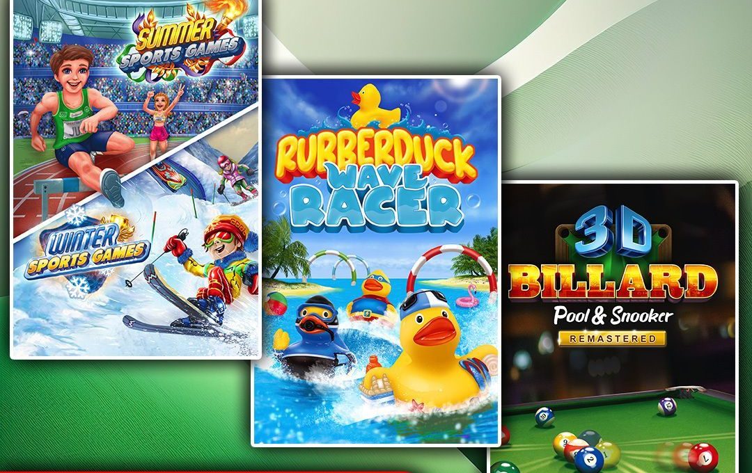 Three colorful multiplayer game posters showing sports, rubber duck racing, and 3D billiards sale