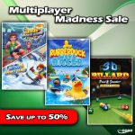 Three colorful multiplayer game posters showing sports, rubber duck racing, and 3D billiards sale