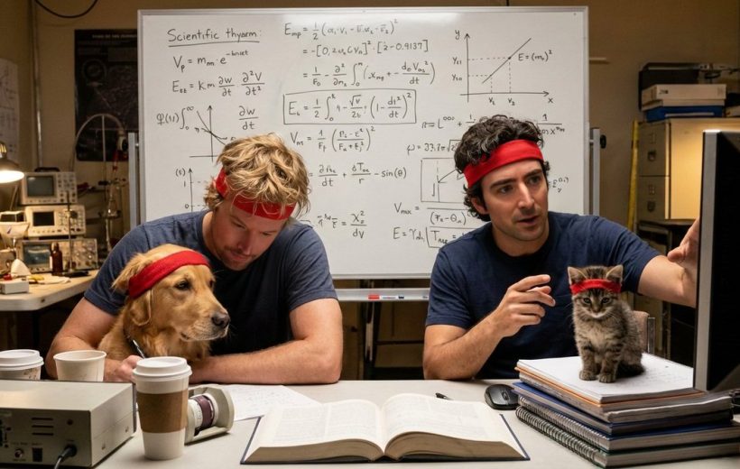 Two men wearing red headbands study equations with a dog and kitten nearby.
