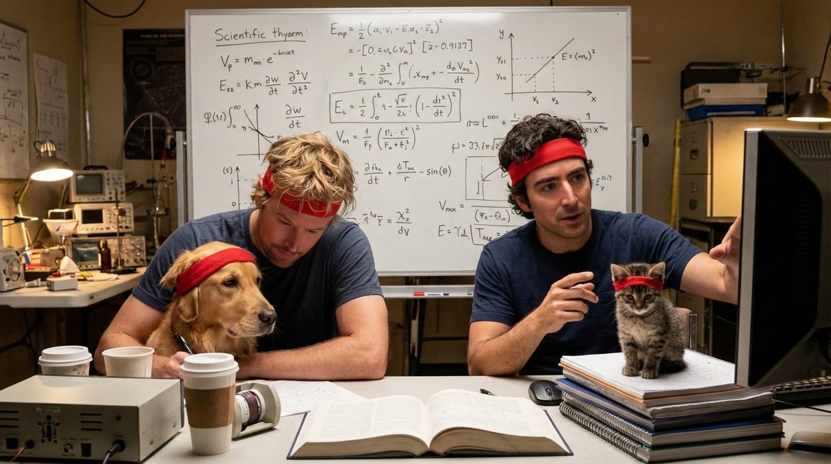 Two men wearing red headbands study equations with a dog and kitten nearby.