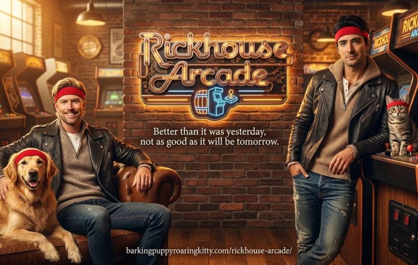 Two men in leather jackets with a dog and cat inside a retro arcade.