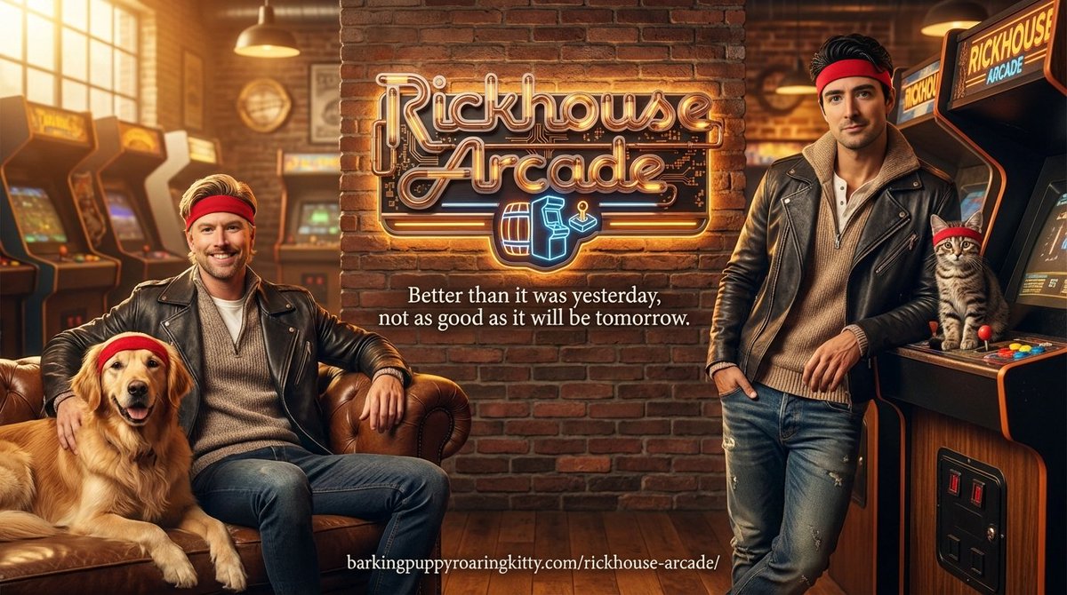 Two men in leather jackets with a dog and cat inside a retro arcade.