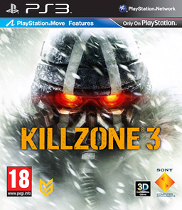 Masked soldier with glowing red eyes wearing snow-covered combat helmet and goggles, "Killzone 3" logo.