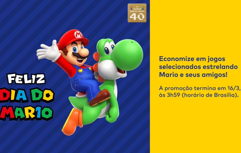 Mario riding Yoshi on blue background next to Portuguese promotion text celebrating Mario Day