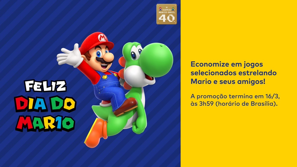 Mario riding Yoshi on blue background next to Portuguese promotion text celebrating Mario Day