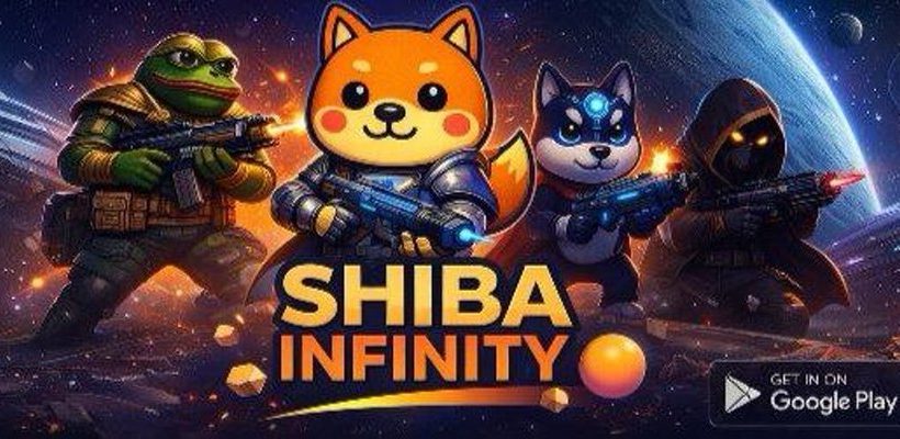 Cartoon Shiba Inu and allies in space armor holding futuristic weapons, "Shiba Infinity" logo