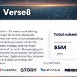 Verse8 Web3 platform description with $5M raised and investor logos displayed.
