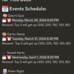 Weekly events schedule listing quiz, games, Smash Karts, and poker night with dates.