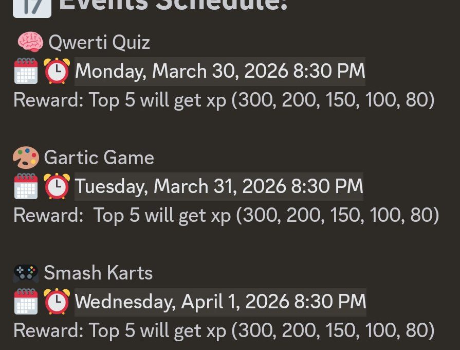 Weekly events schedule listing quiz, games, Smash Karts, and poker night with dates.