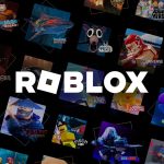 Roblox logo centered over a collage of colorful game icons and characters