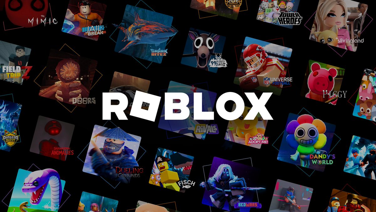 Roblox logo centered over a collage of colorful game icons and characters