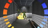 Player-held shotgun firing at a green alien in a sci-fi corridor explosion