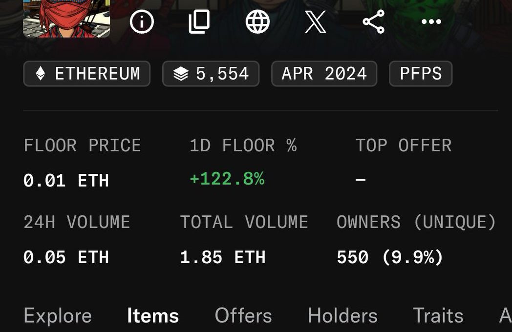 NFT collection stats for "Rebel Ants" showing floor price, volume, and owners.