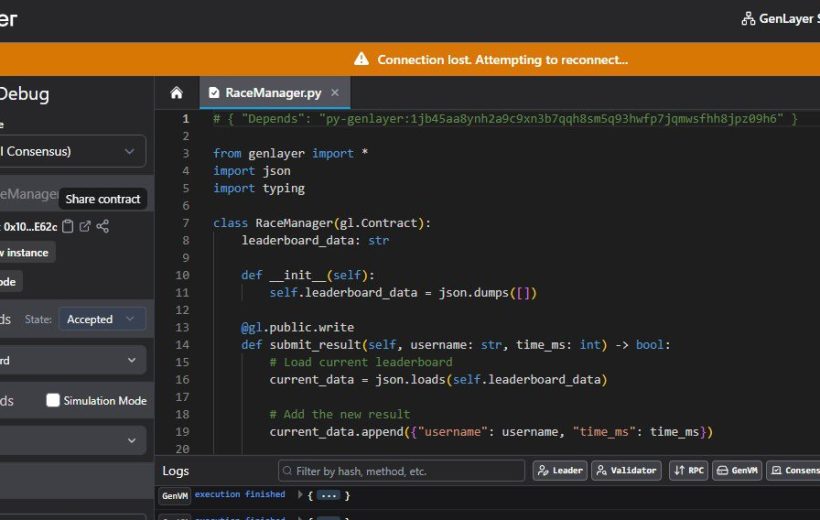 Dark developer IDE showing a RaceManager.py smart contract editor and debug panel