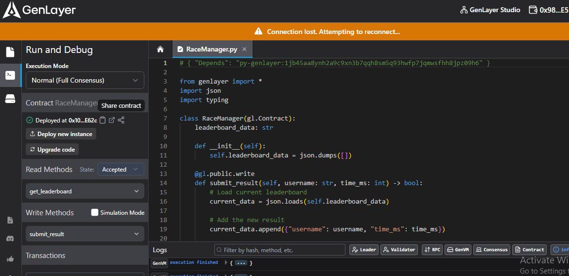Dark developer IDE showing a RaceManager.py smart contract editor and debug panel