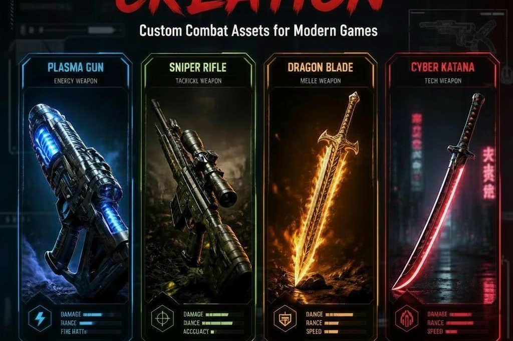 Four futuristic weapon cards showing a plasma gun, sniper rifle, flaming sword, and cyber katana.
