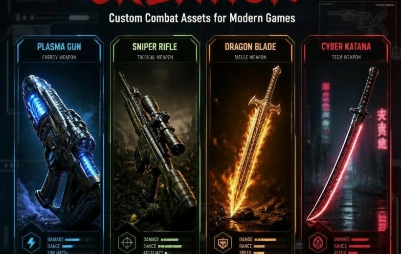 Four futuristic weapon cards showing a plasma gun, sniper rifle, flaming sword, and cyber katana.